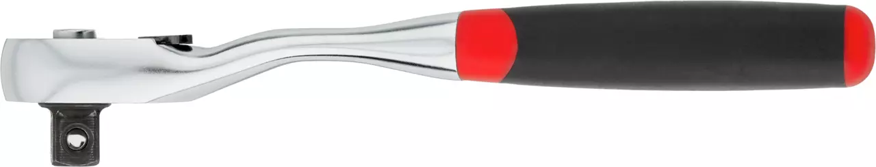 Reversible ratchet with metal head and black handle with red accents, viewed from the side.