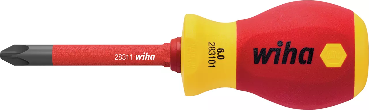 Red and yellow stubby screwdriver with bit, insulated handle.