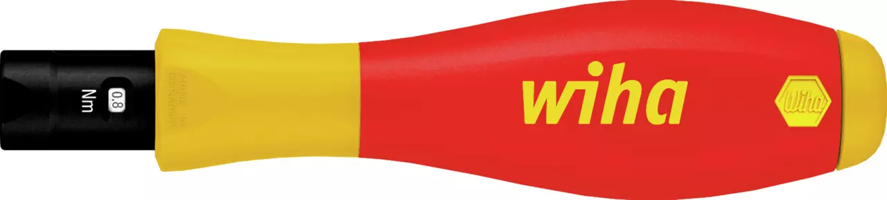 Red and yellow torque screwdriver handle with Nm scale visible.