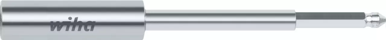 Metal bit adapter with Wiha logo, cylindrical body and long shaft, isolated on a light background.