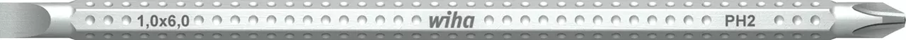 Interchangeable blade with slotted and Phillips ends, silver metal with textured grip.