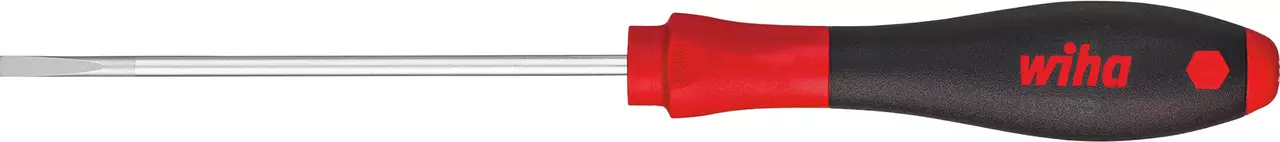 Flathead screwdriver with a black and red ergonomic handle.