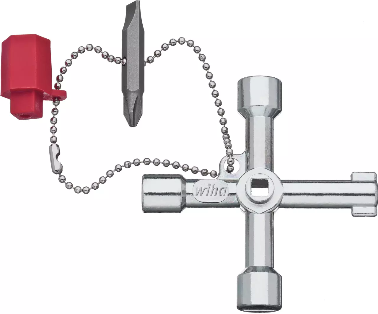 A metal cross-shaped switch cabinet key with a red plastic cap and chain.