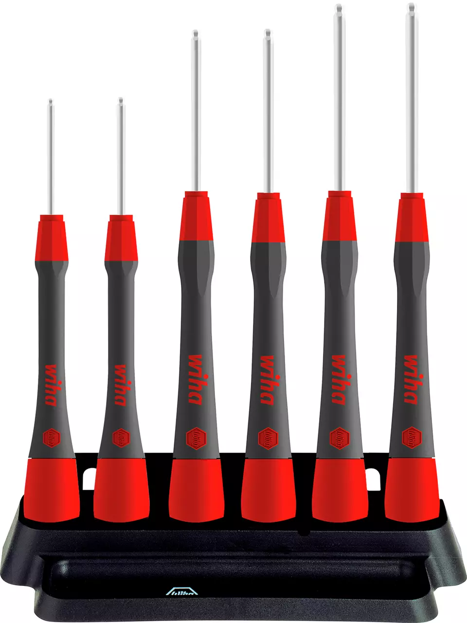 Set of five precision screwdrivers with red and black handles in a black stand.