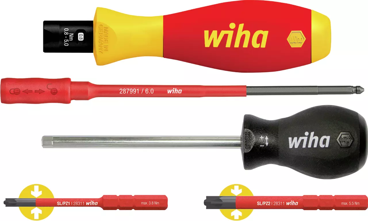 Various screwdrivers with red and yellow handles, some with torque indicators.