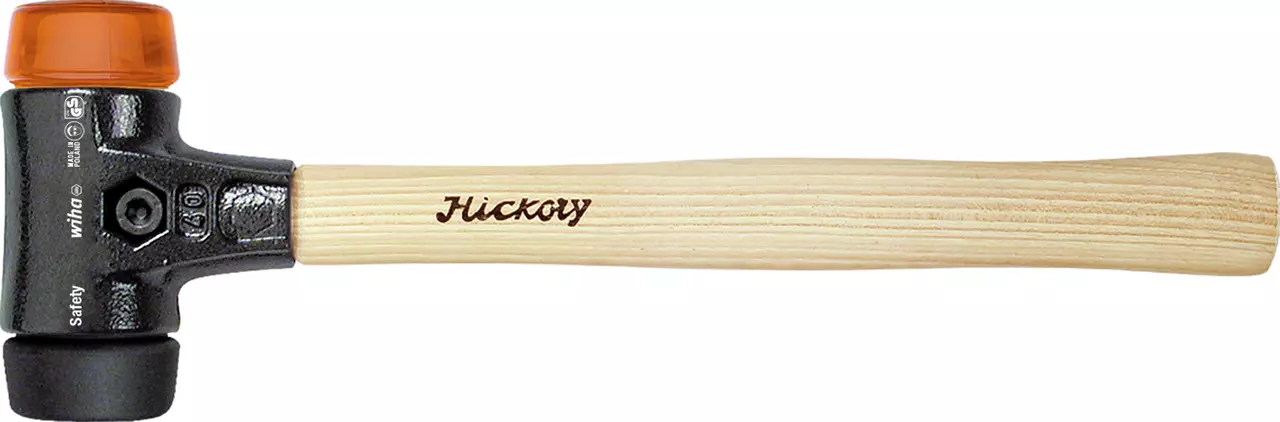 Soft-faced hammer with a wooden handle and round striking heads, one orange, one black.