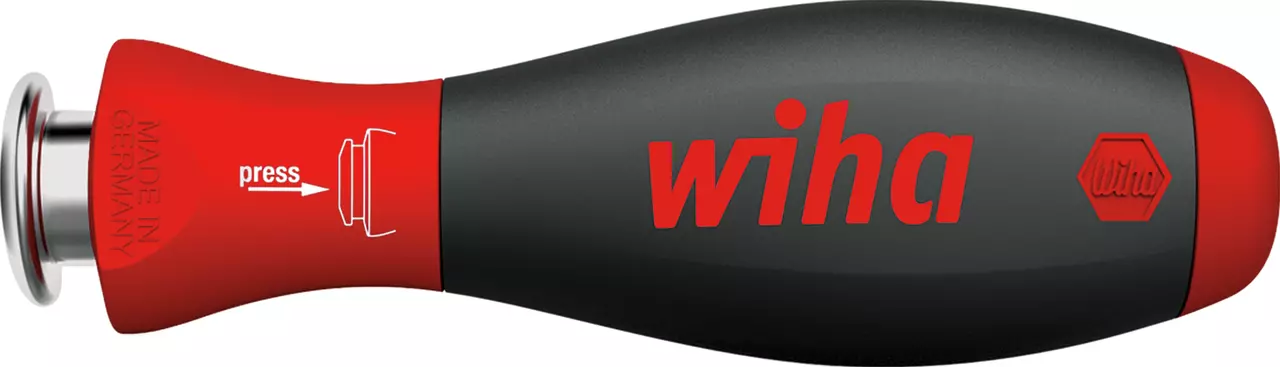 Red and black screwdriver handle with silver button and "wiha" logo.