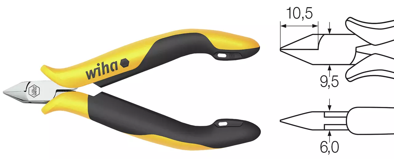 ESD side cutter with yellow and black handles, includes technical drawing with measurements.