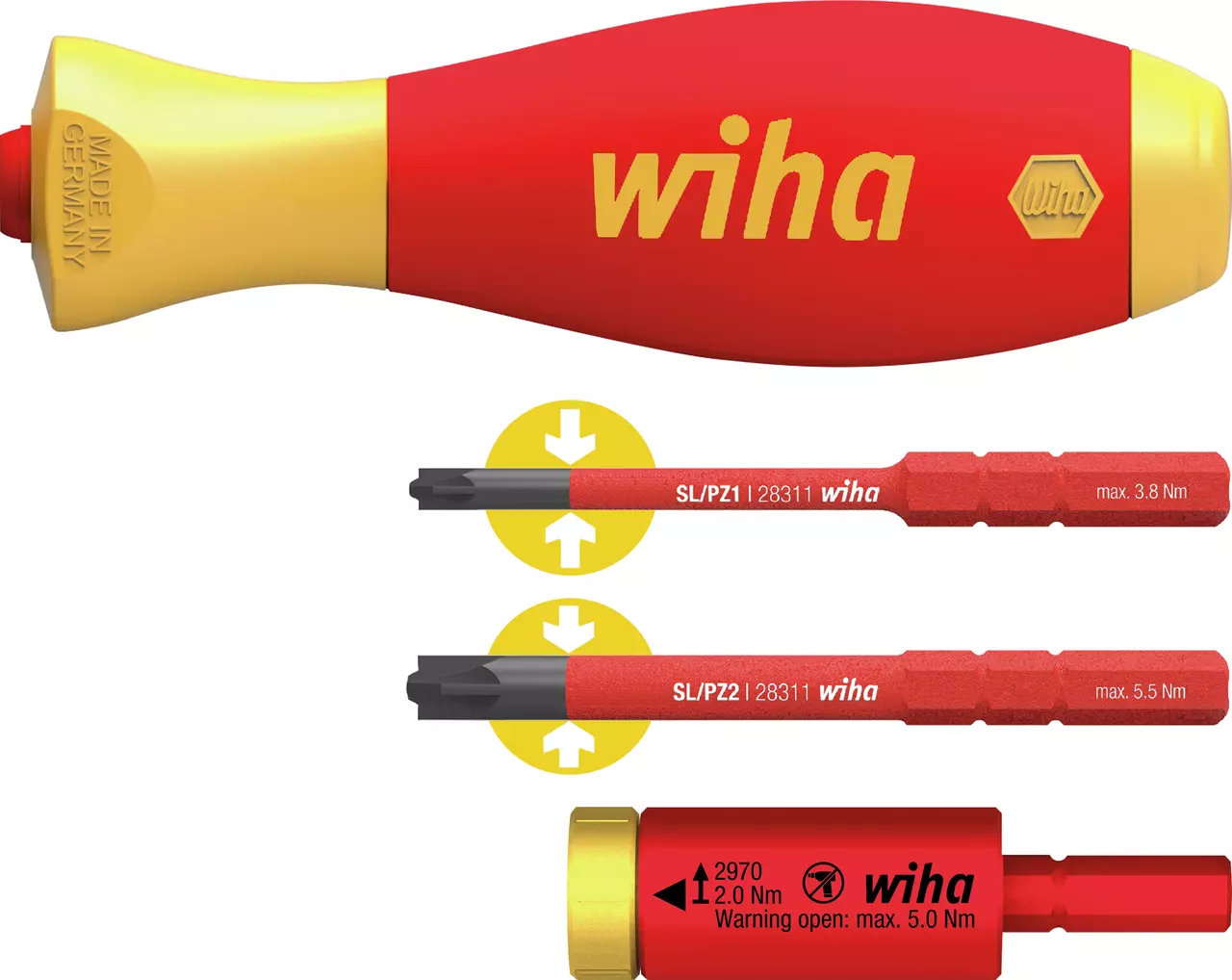 Red and yellow screwdriver with interchangeable bits and torque adapter.