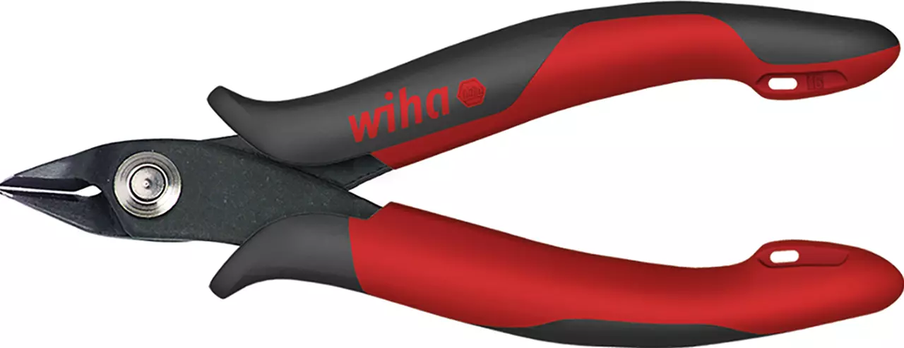 Red and black electronic side cutter with ergonomic handles.
