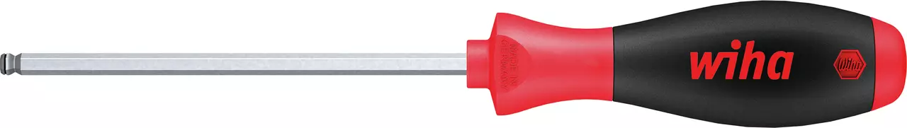 Hex key with red and black handle, hexagonal shaft, and ball-end tip.