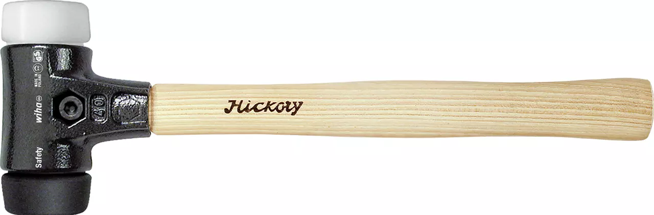 Rubber mallet with a wooden handle and dual-colored head.