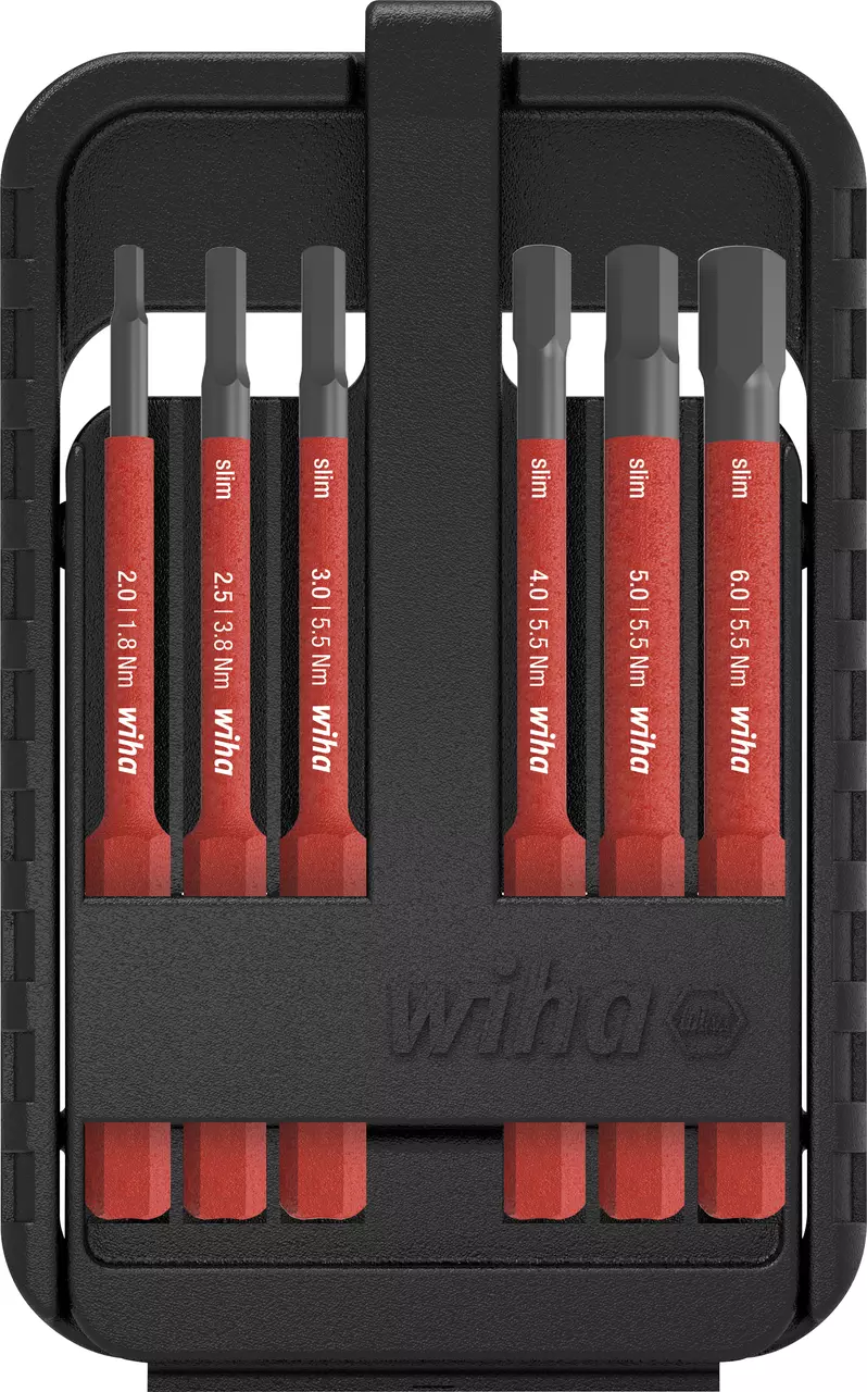 A set of red and black screwdriver bits in a black holder.
