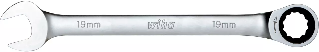 A 19mm combination ratchet wrench with open-ended and ring ends.