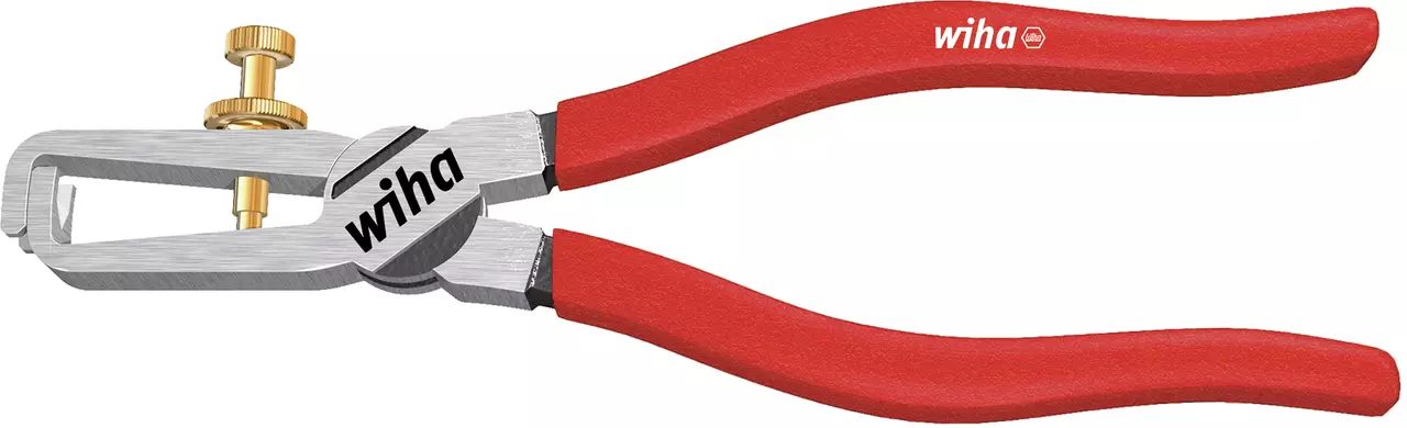 Red-handled wire stripping pliers with a metal adjustment screw.