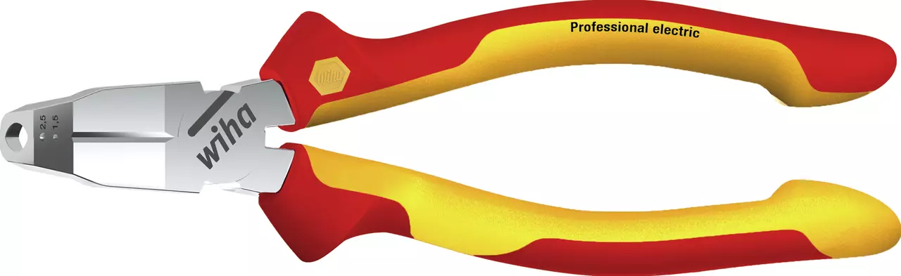 Red and yellow insulated pliers with a metal cutting edge and ergonomic handle.