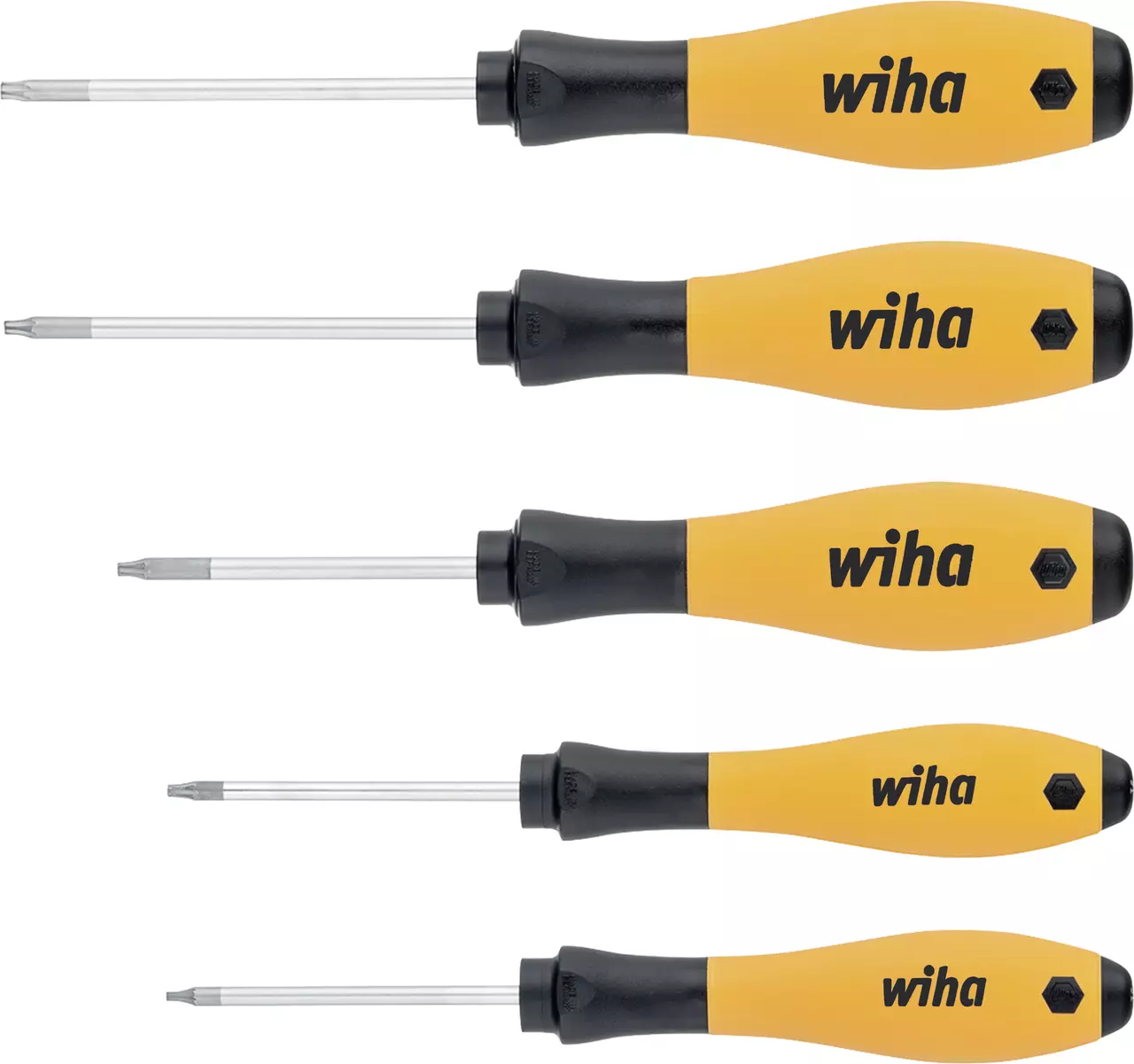 Set of five yellow and black screwdrivers with ergonomic handles