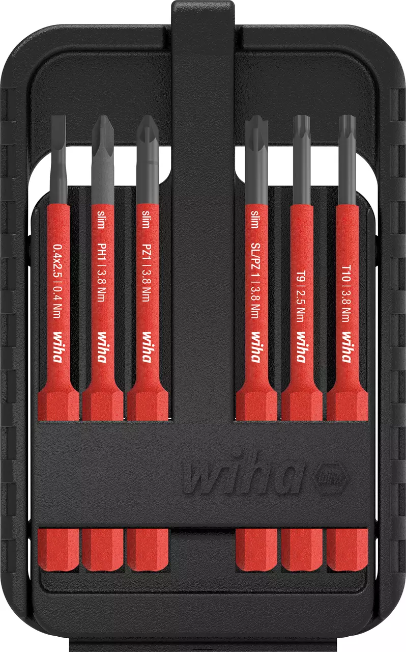 Black and red slim bit set in a compact plastic holder