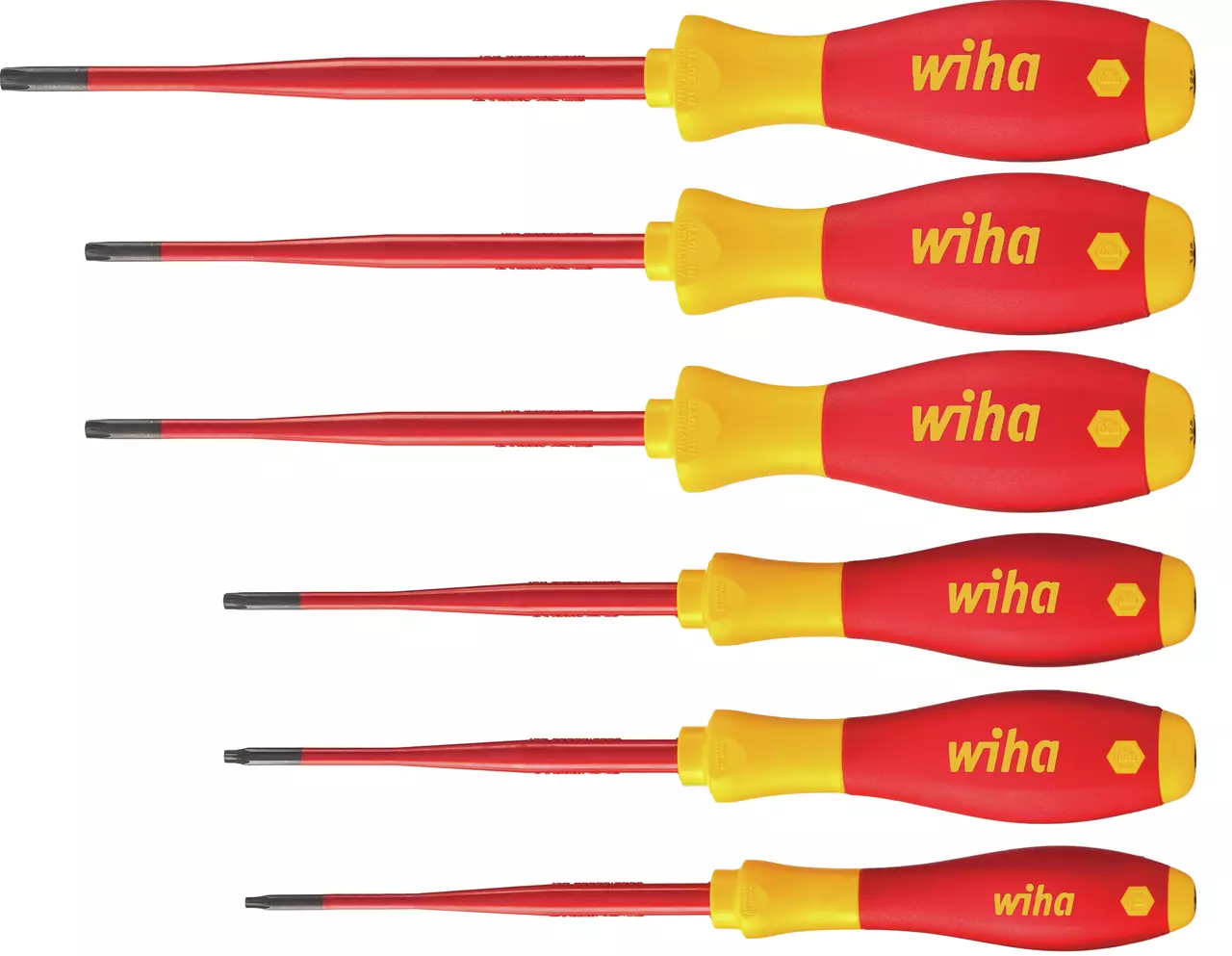 Six red and yellow insulated screwdrivers in a row.