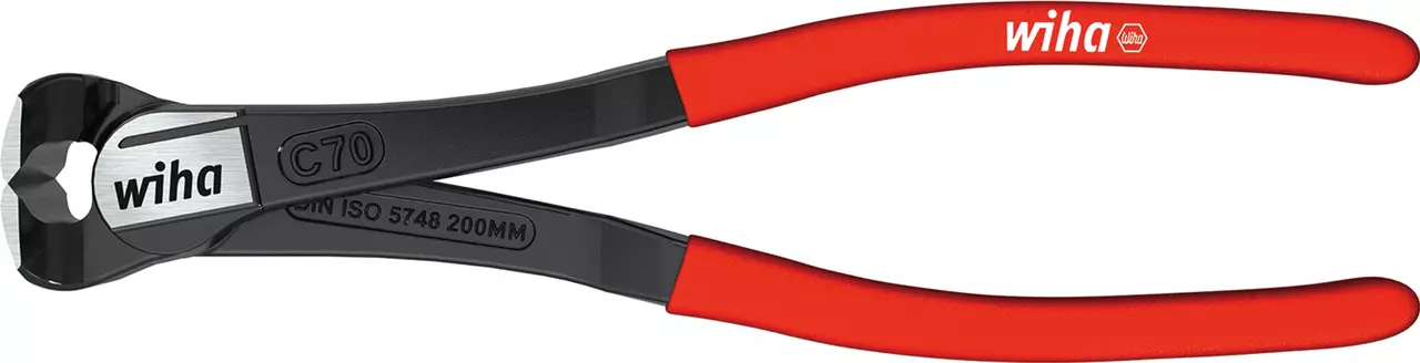Red-handled end cutting pliers with a black head and silver accents.