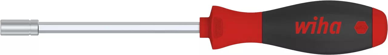 Screwdriver with red and black handle, bit holder at the tip