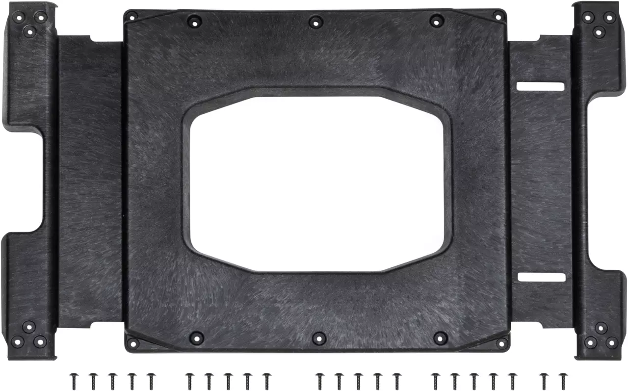 Black rectangular metal plate with a large cutout in the center, accompanied by multiple screws.