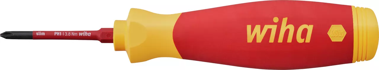 Electric screwdriver with red and yellow handle, Phillips head visible.