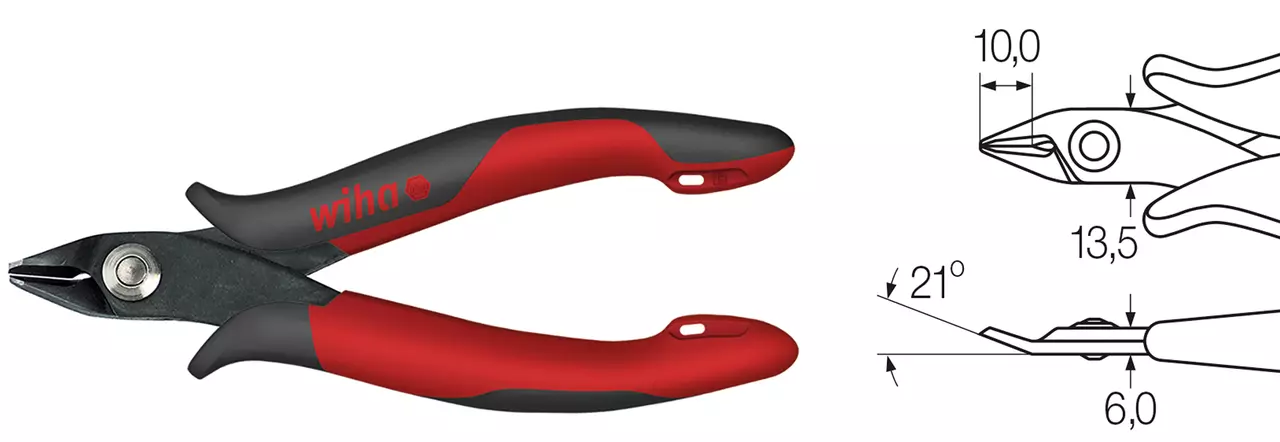 Electronic side cutter with ergonomic red and black handle, alongside technical drawing.