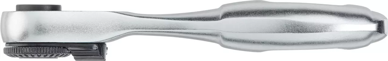 Silver metal ratchet wrench with a textured grip and round head