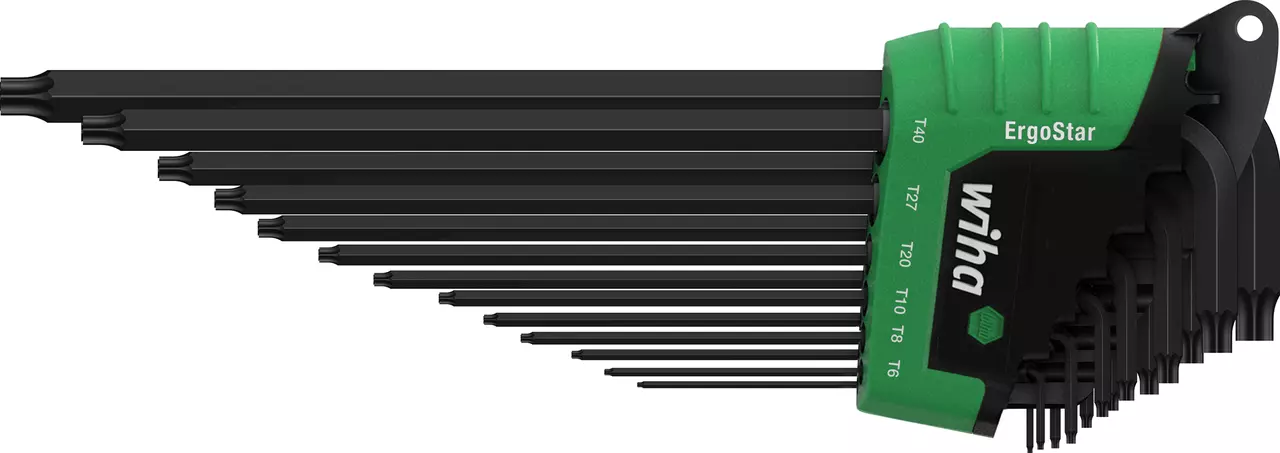Set of black L-shaped hex keys in a green and black holder.