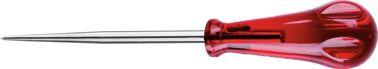 Awl with a red plastic handle and a pointed metal tip.