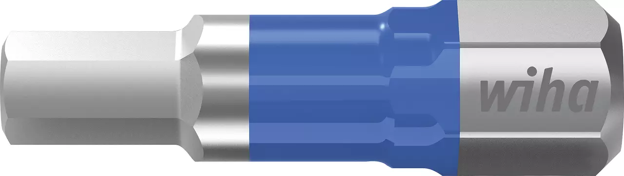 Hexagonal metal bit with blue plastic ring, marked "wiha"