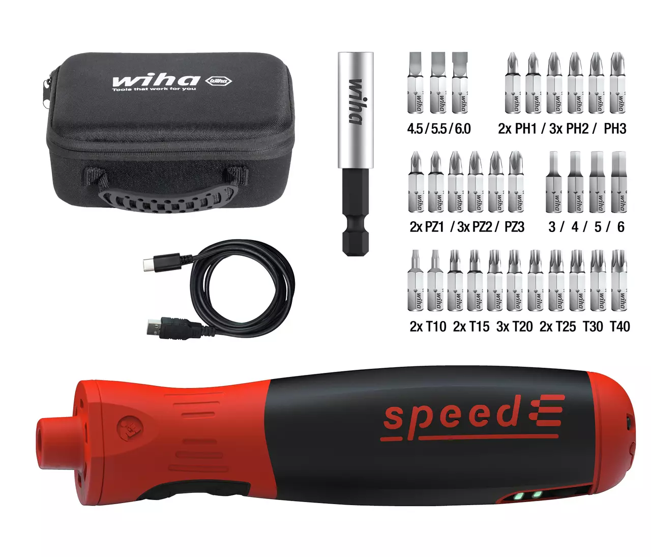 Electric screwdriver set with bits, USB cable, and carrying case