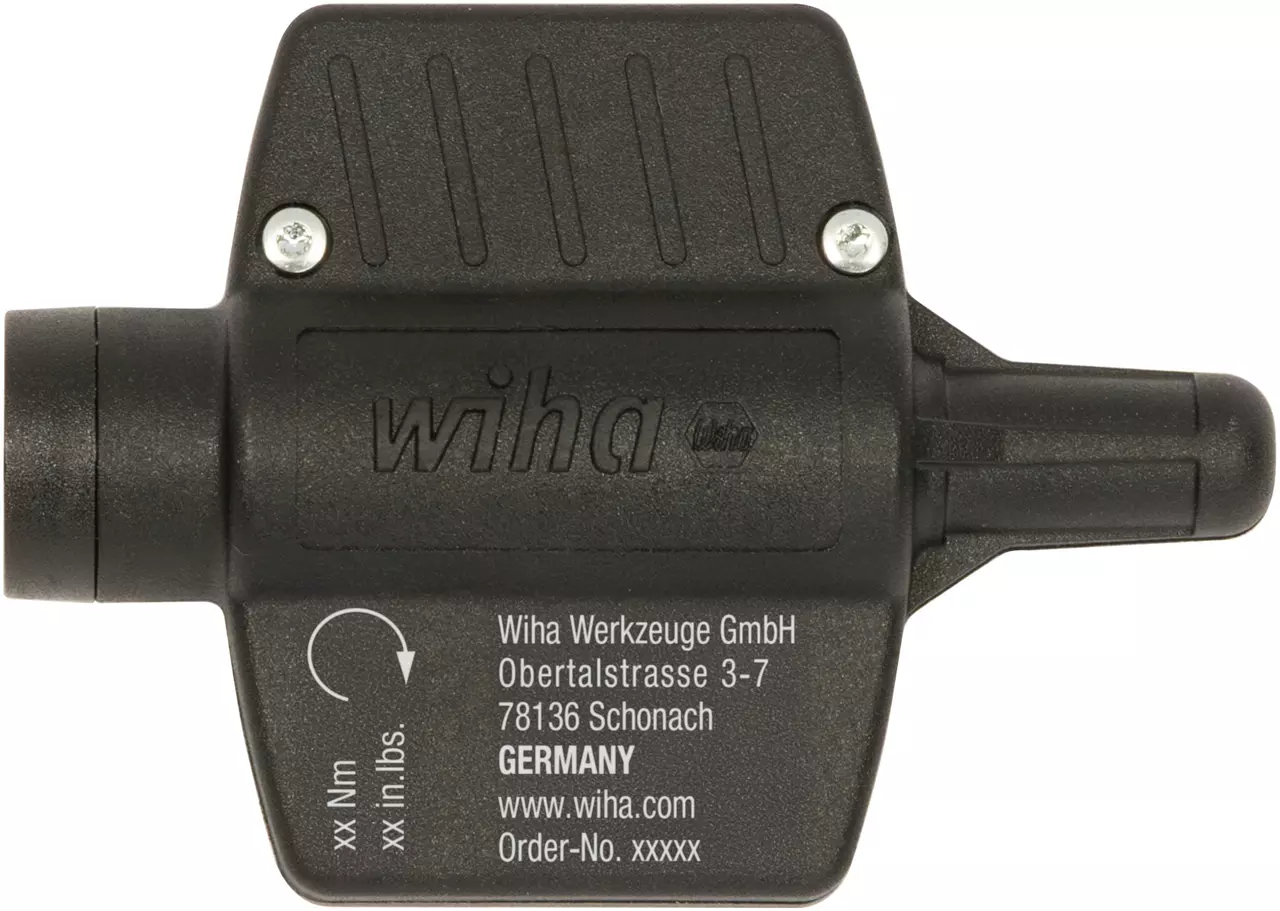 Black torque tool handle with "Wiha" logo and text detailing company info.