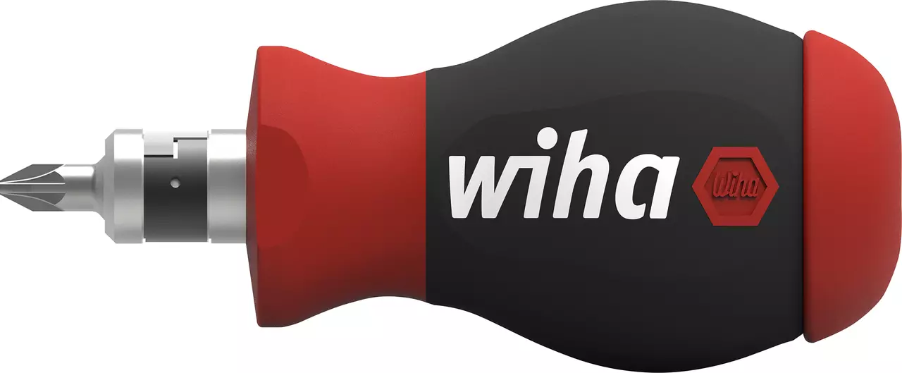 Stubby-schroevendraaier met rood en zwart handvat, metalen bit geplaatst