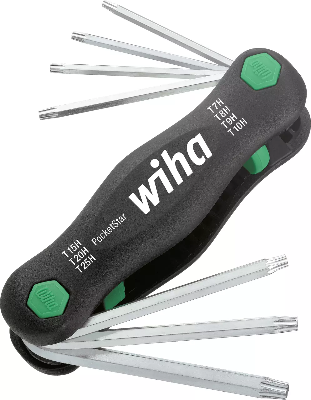 Folding tool with multiple metal torx keys and black handle.