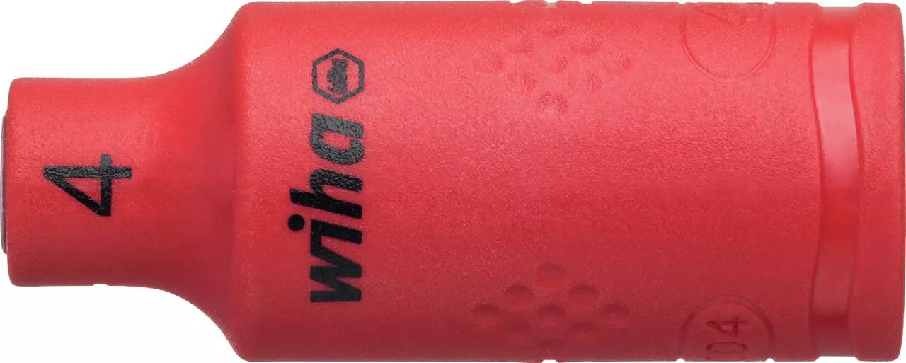Red insulated socket wrench, 1/4 inch size, with black text