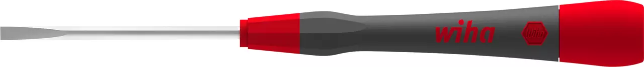Precision slotted screwdriver with a black and red handle.