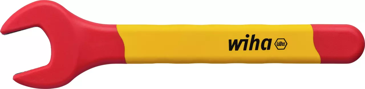 Red and yellow insulated open-end wrench with a flat handle.