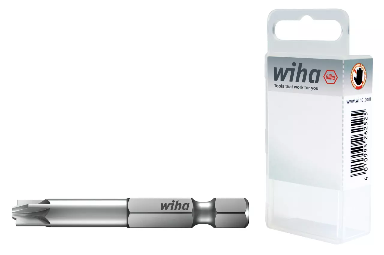 Silver screwdriver bit next to a transparent plastic box with "wiha" branding.