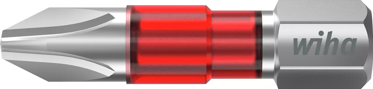 Phillips screwdriver bit with red ring and hexagonal base.