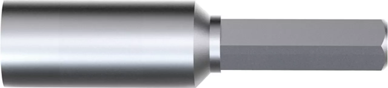 Hexagonal metal bit with cylindrical base, silver and gray tones.