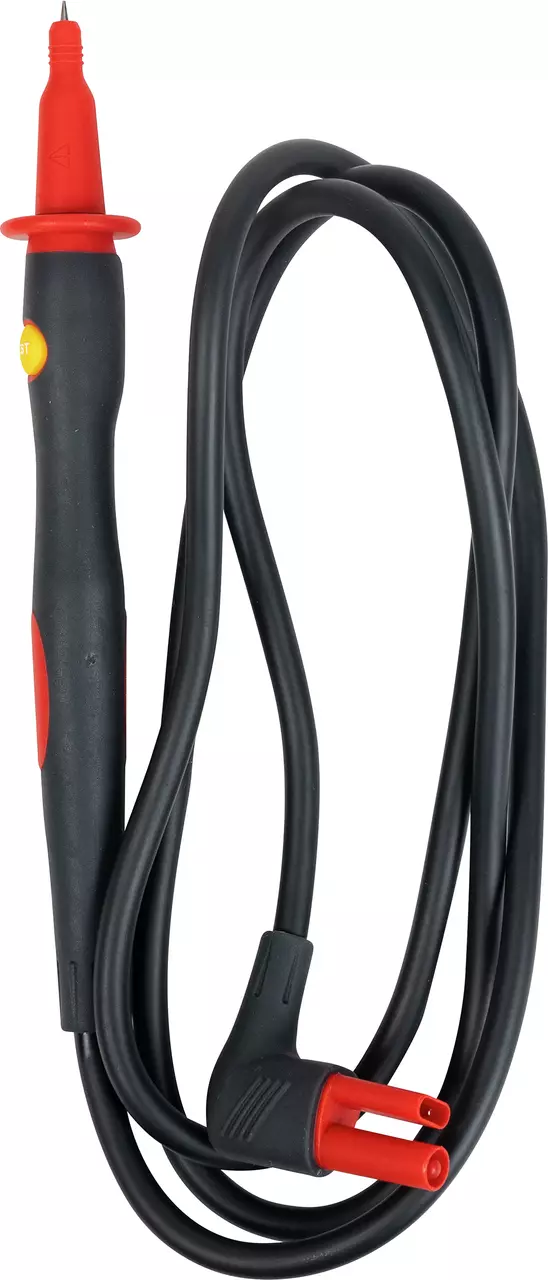 Black and red test probe with cable and pointed tip.