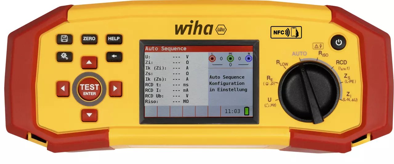 Yellow and red installation tester with display and control buttons.