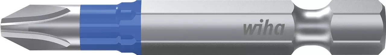 Phillips screwdriver bit, silver and blue, with "wiha" logo
