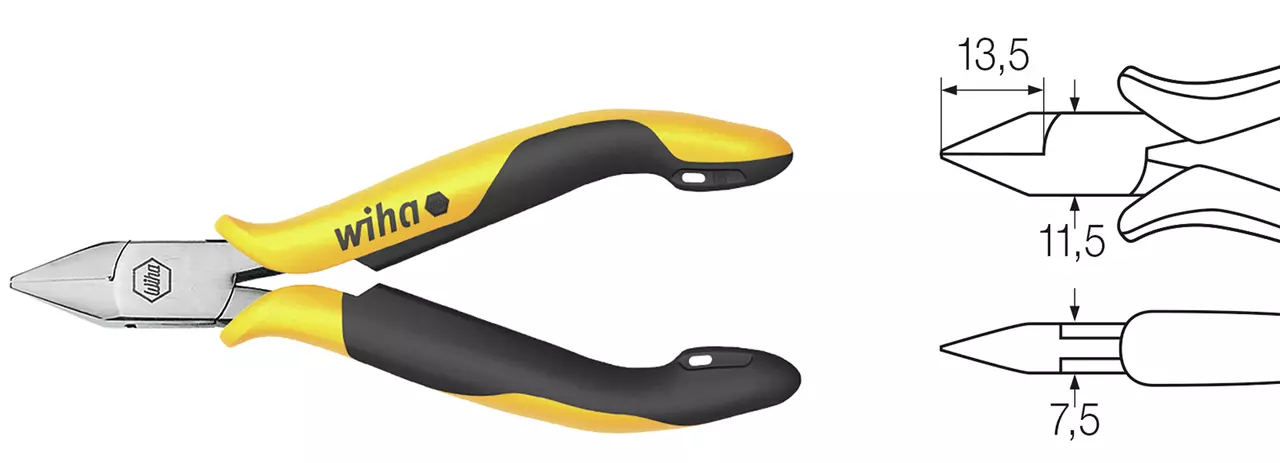Yellow and black side cutter with technical drawing and dimensions