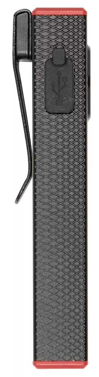Rectangular black handlight with a red end and USB charging port