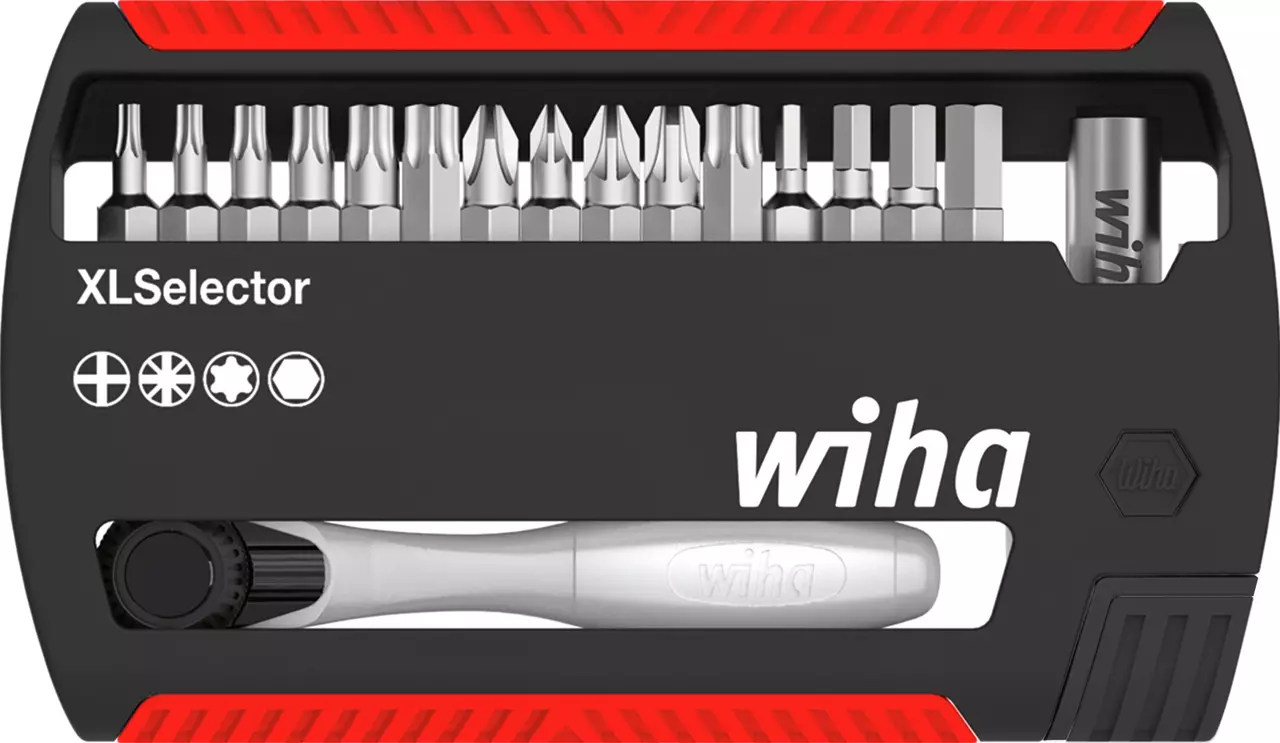 Set of screwdriver bits in a black and red case labeled "XLSelector" with various tip types.