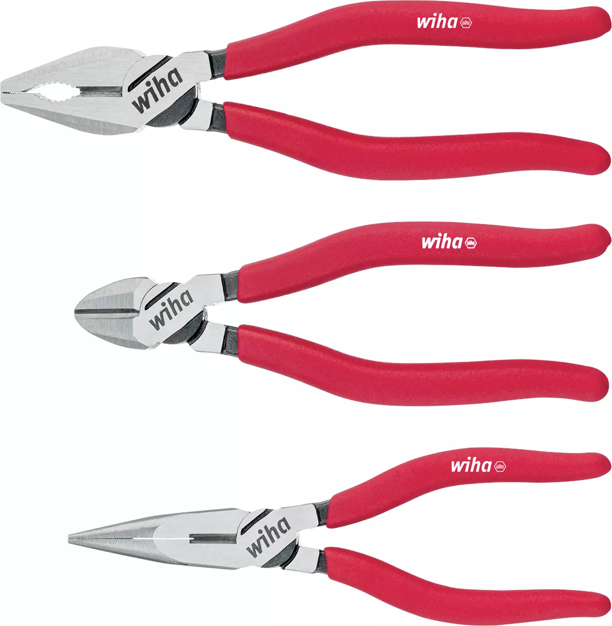 Three types of pliers with red handles on a white background.