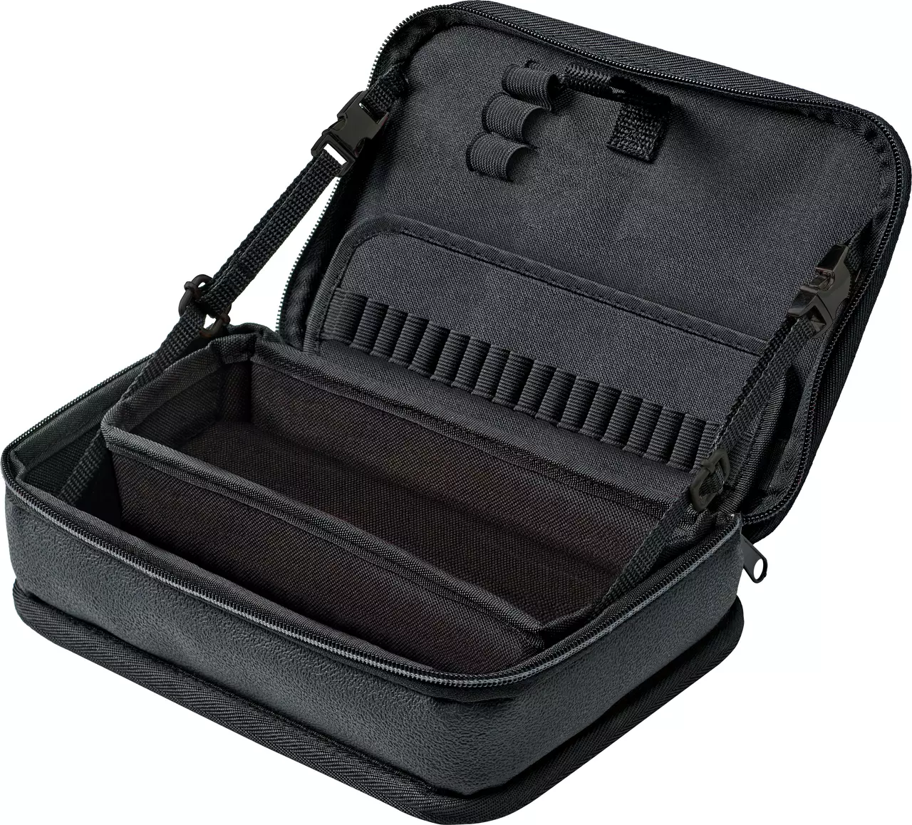 Open black tool case with compartments and elastic loops.